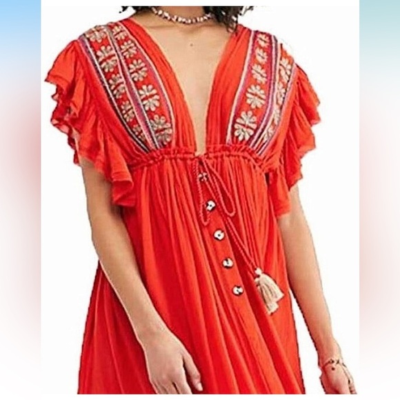 Free People Womens Will Wait For You‎ Boho Floral Maxi Dress Red Small - Picture 3 of 7